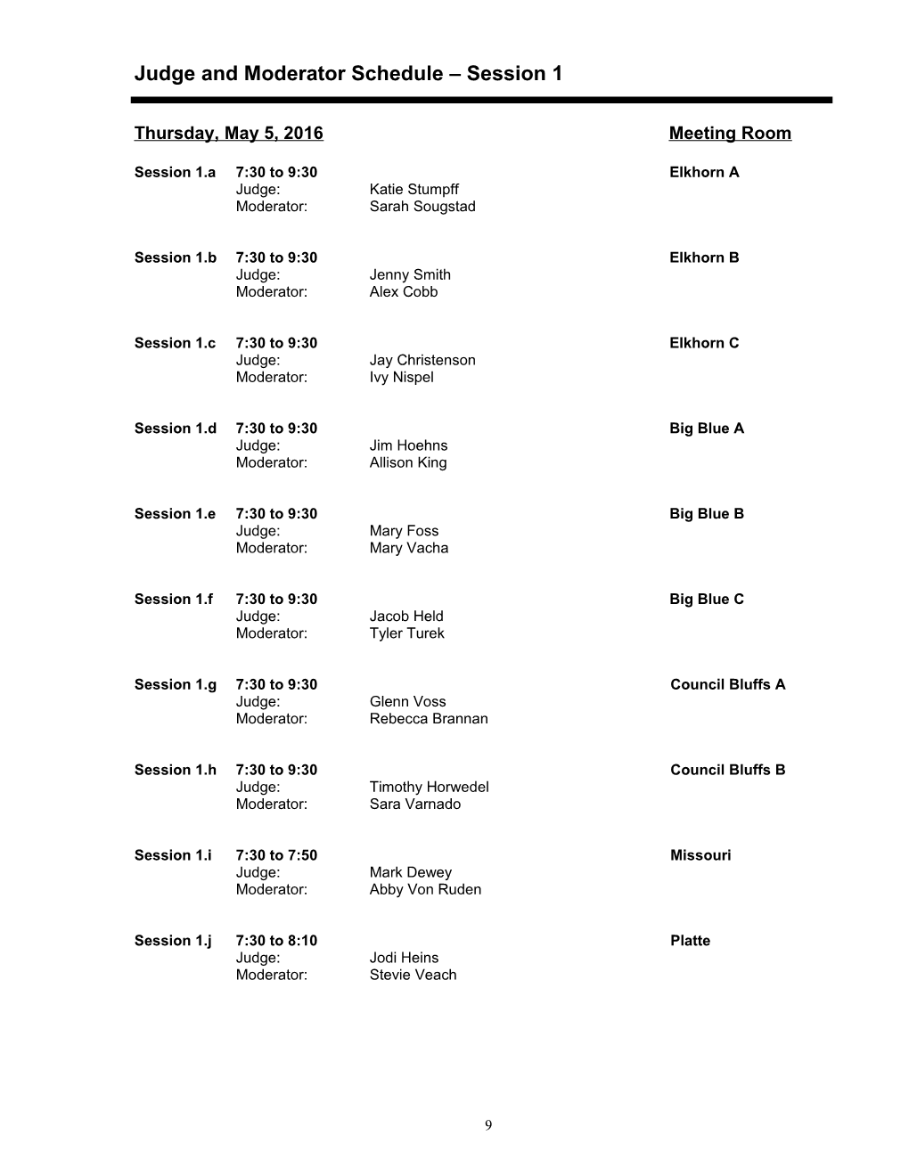 Moderator and Judge Schedule