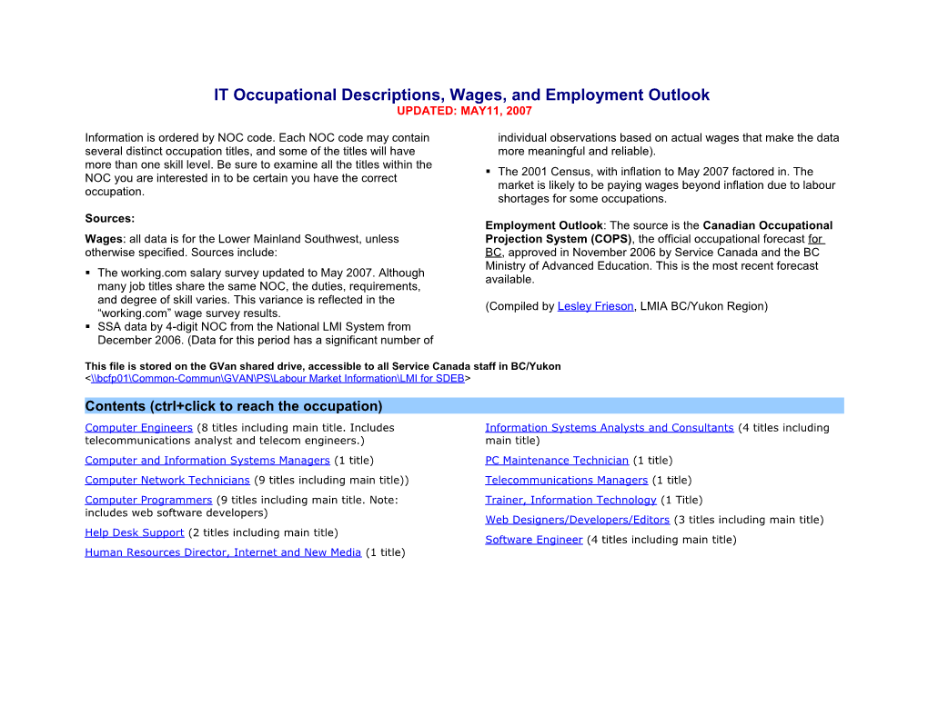 IT Occupational Descriptions, Wages, and Employment Outlook
