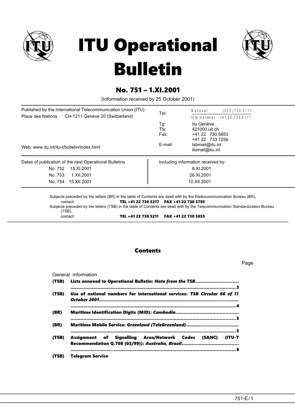 ITU Operational Bulletin 751 - 1.XI.2001