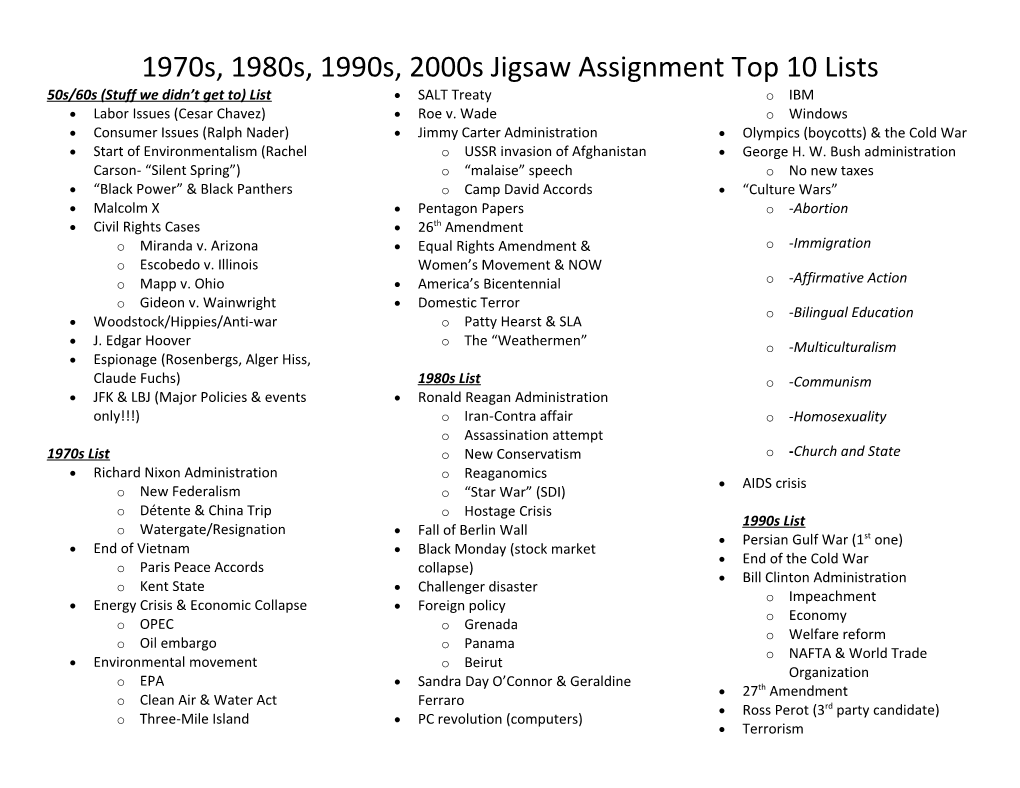 1970S, 1980S, 1990S, 2000S Jigsaw Assignment Top 10 Lists