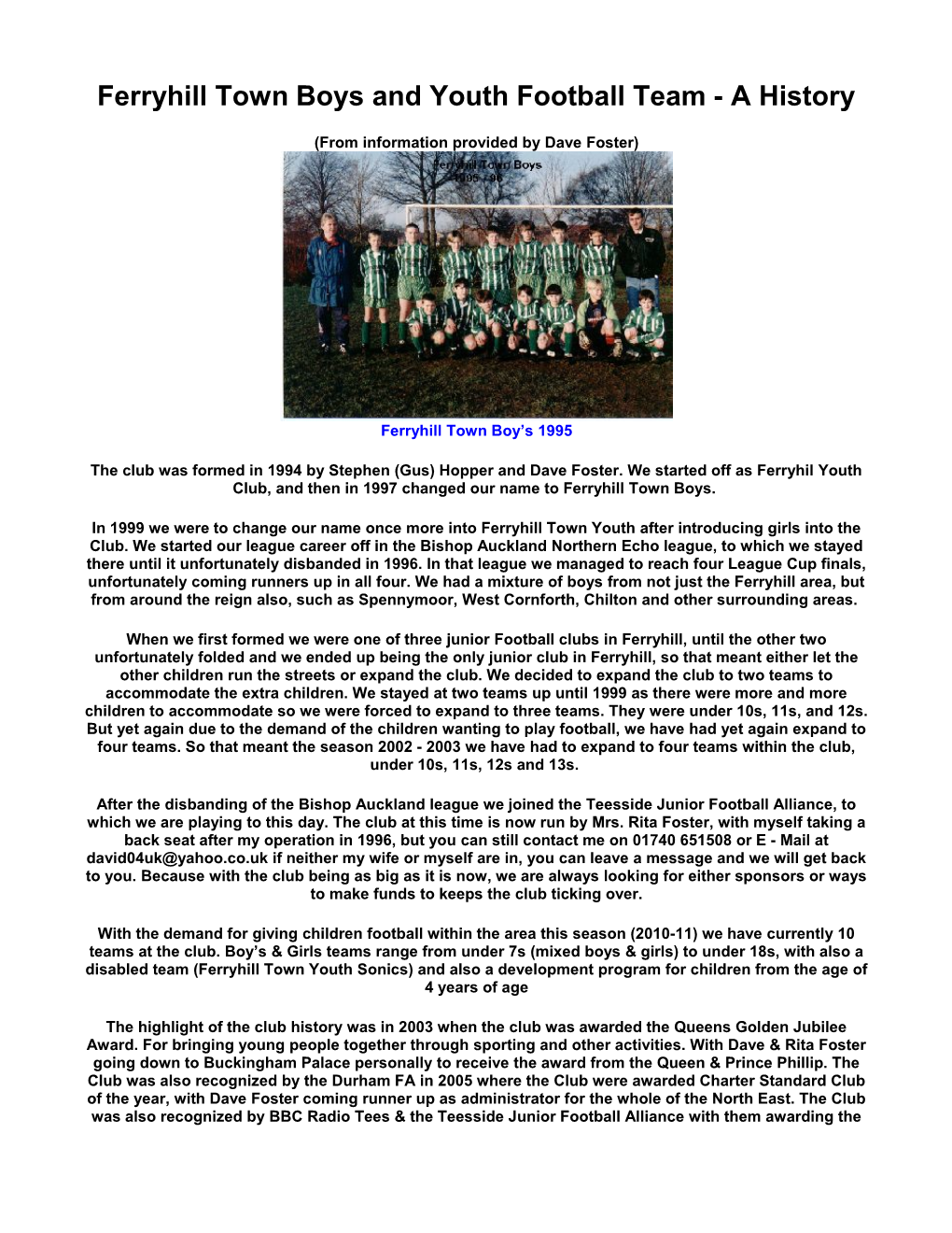Ferryhill Town Boys and Youth Football Team - a History