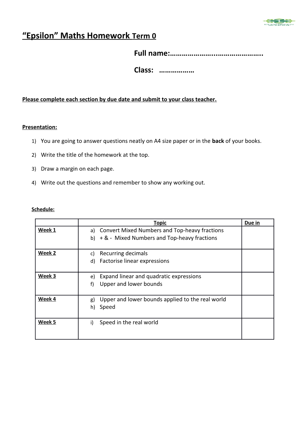 Epsilon Maths Homework Term 0