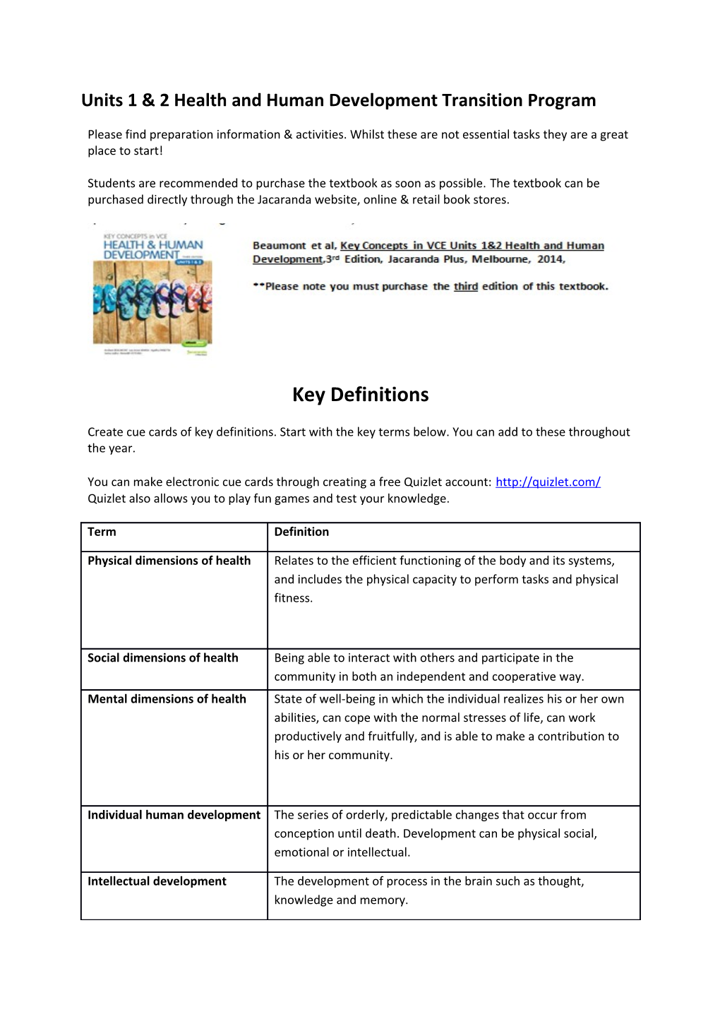 Units 1 & 2 Health and Human Development Transition Program