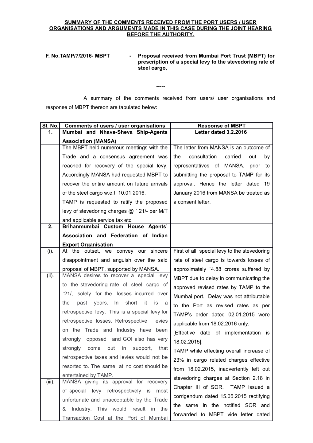 Summary of the Comments Received from the Port Users / User Organisations and Arguments