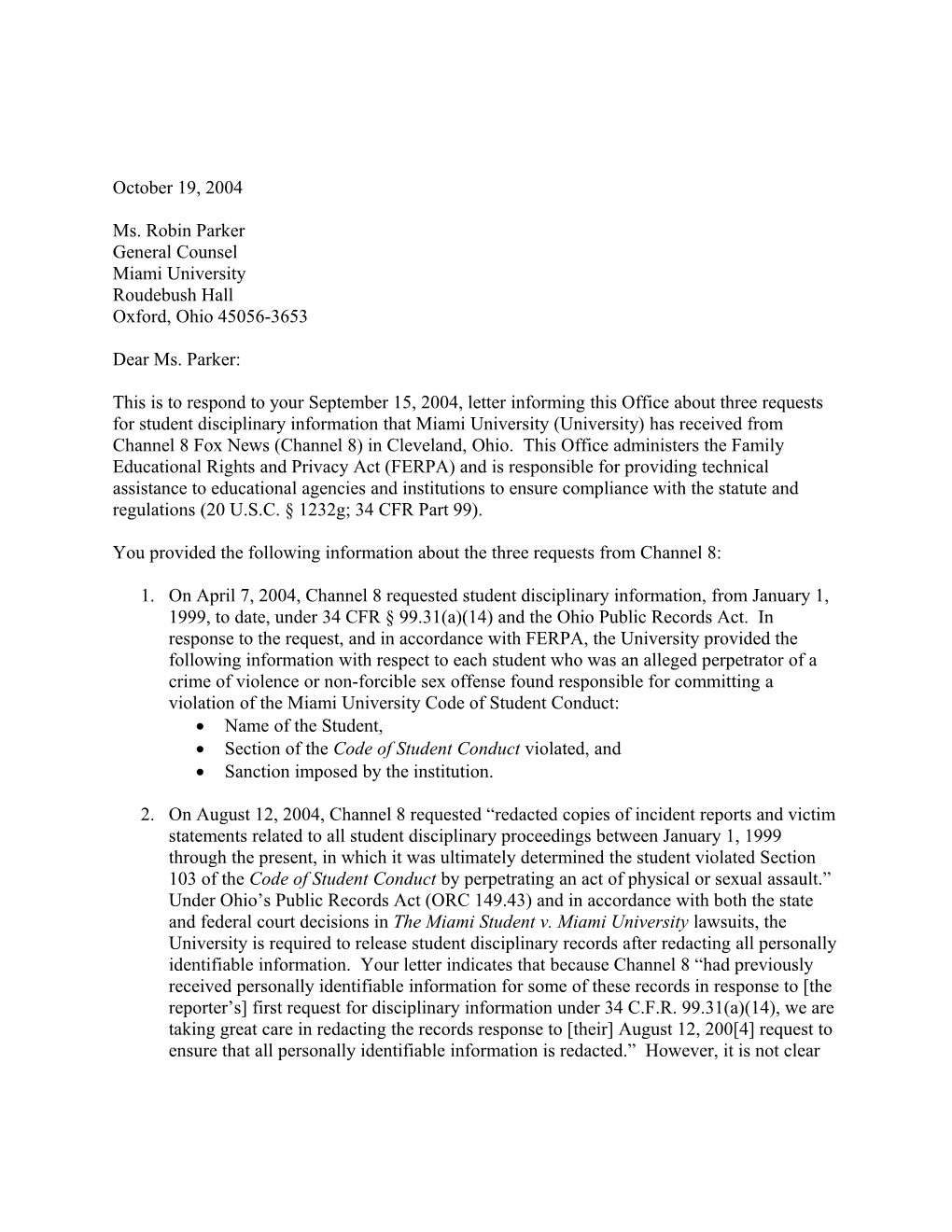 Letter to Miami University Re: Disclosure of Information Making Student's Identity Easily