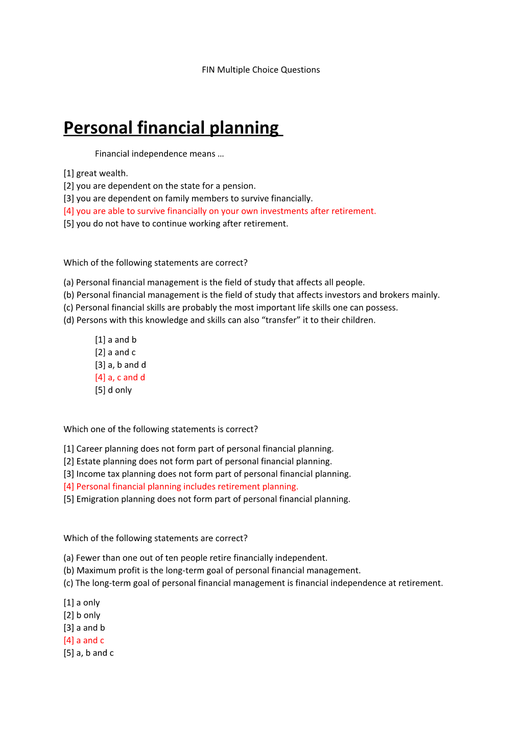 FIN Multiple Choice Questions