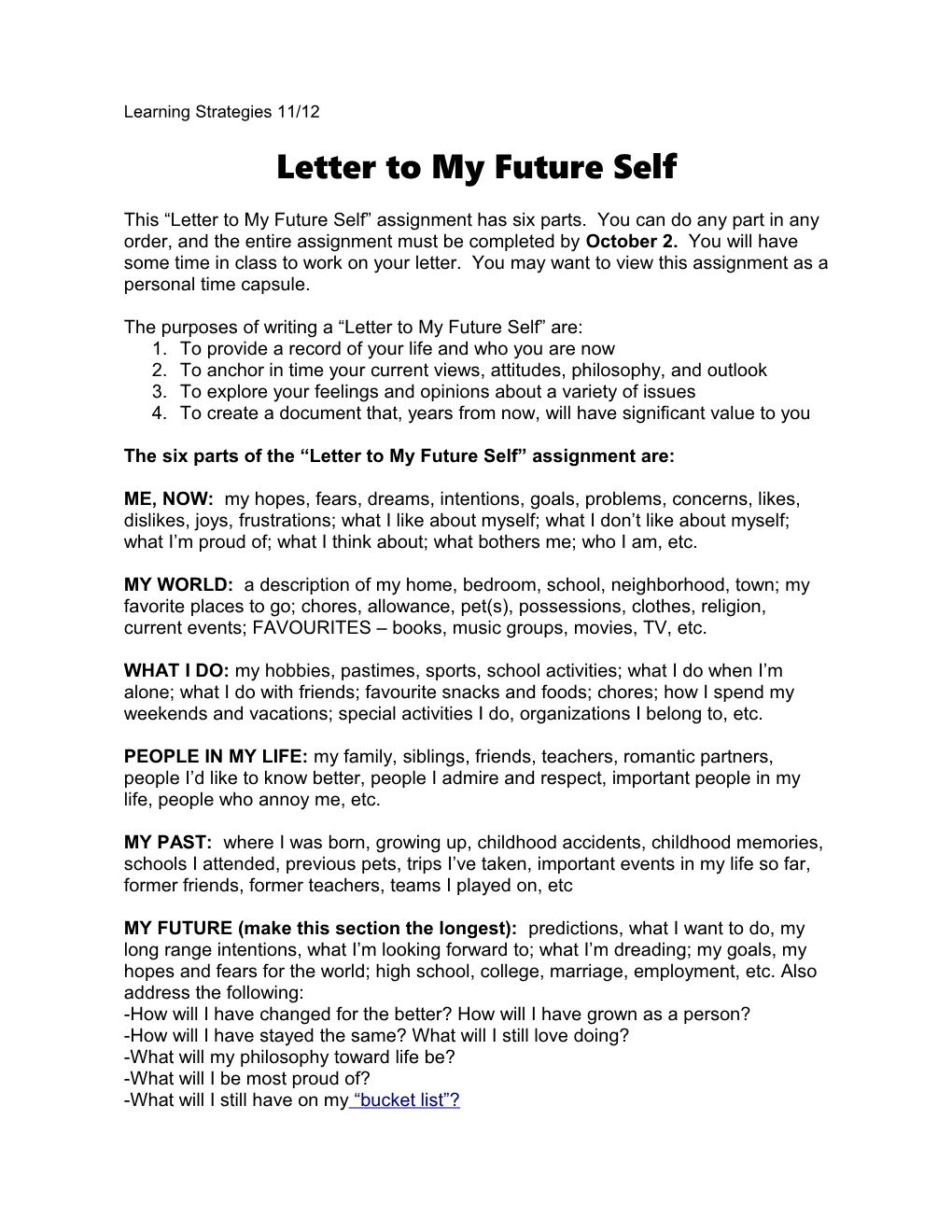 Letter to Self Assignment Sheet
