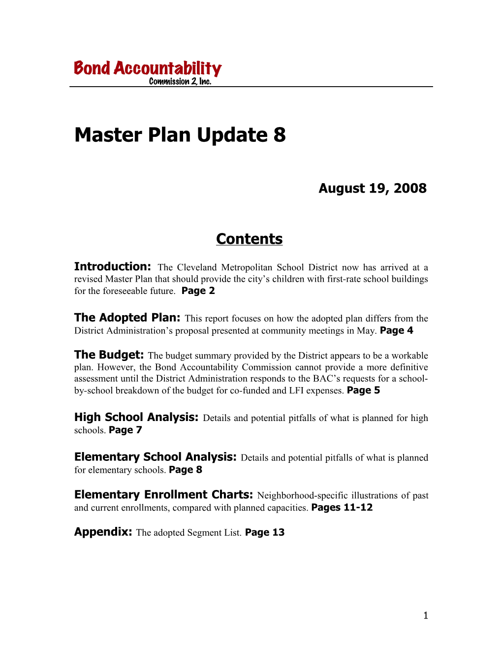 Master Plan Elementary School Enrollment Analysis