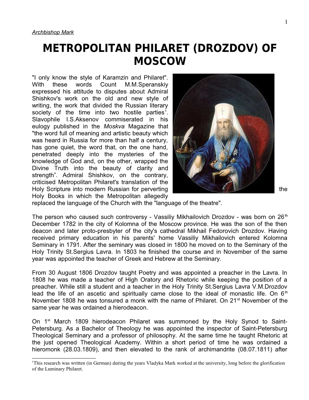 Metropolitan Philaret (Drozdov) of Moscow