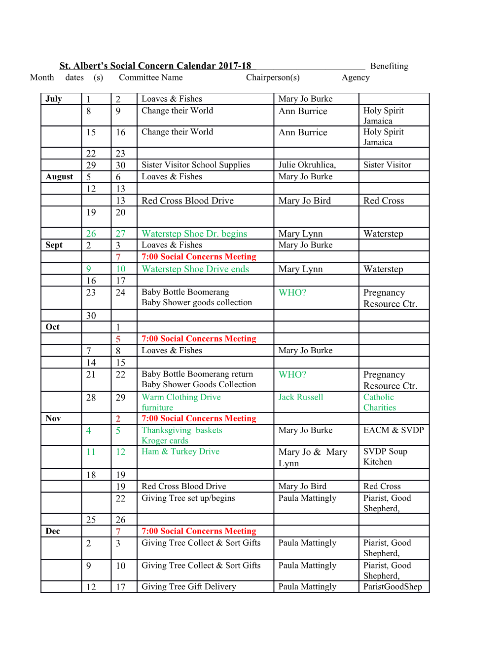 St. Albert S Social Concern Calendar 2017-18 Benefiting