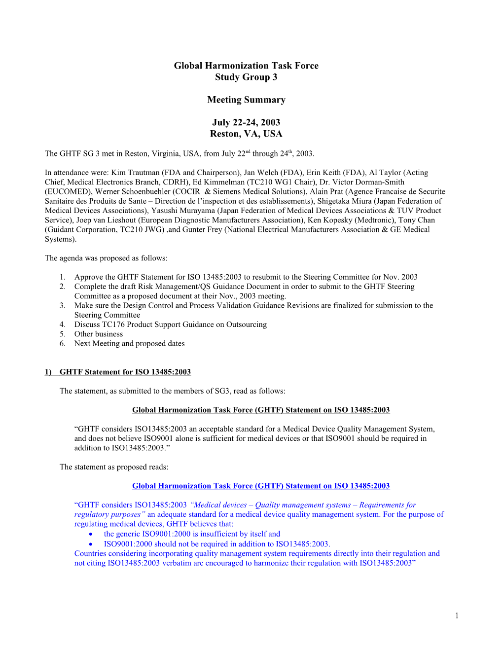 GHTF SG3 Meeting Minutes - July 2003