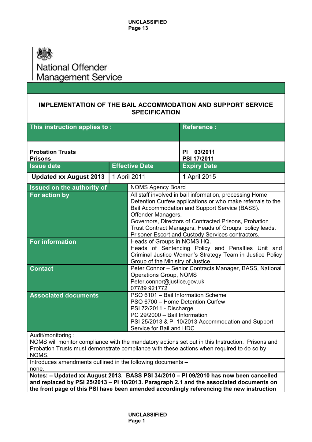 Probation Instruction 03 2011 -IMPLEMENTATION of the BAIL ACCOMMODATION and SUPPORT SERVICE