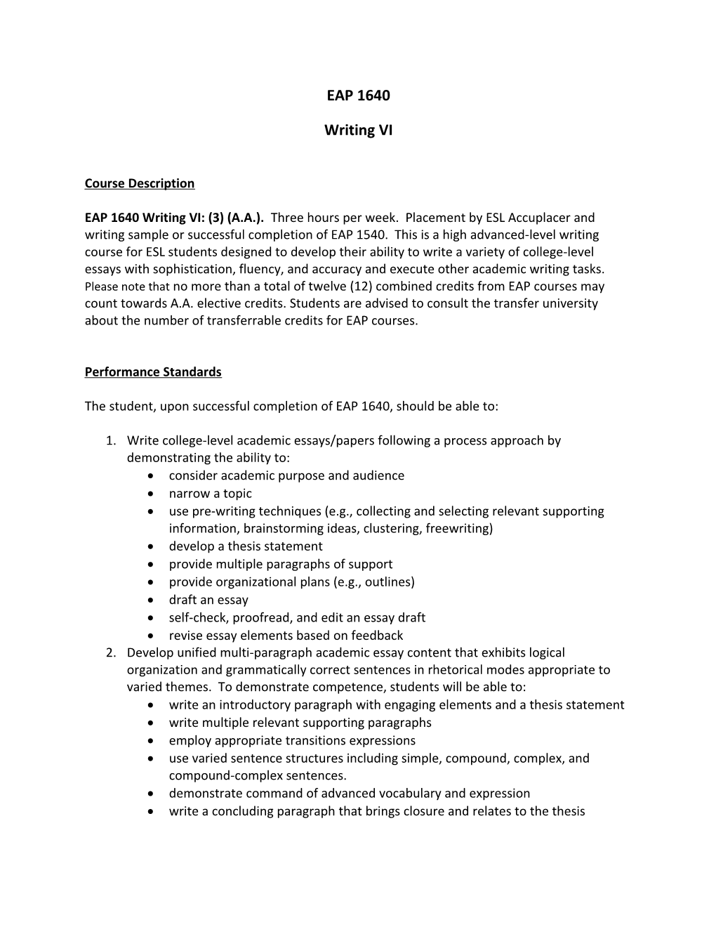 Performance Standards/EAP 1640/Writing VI