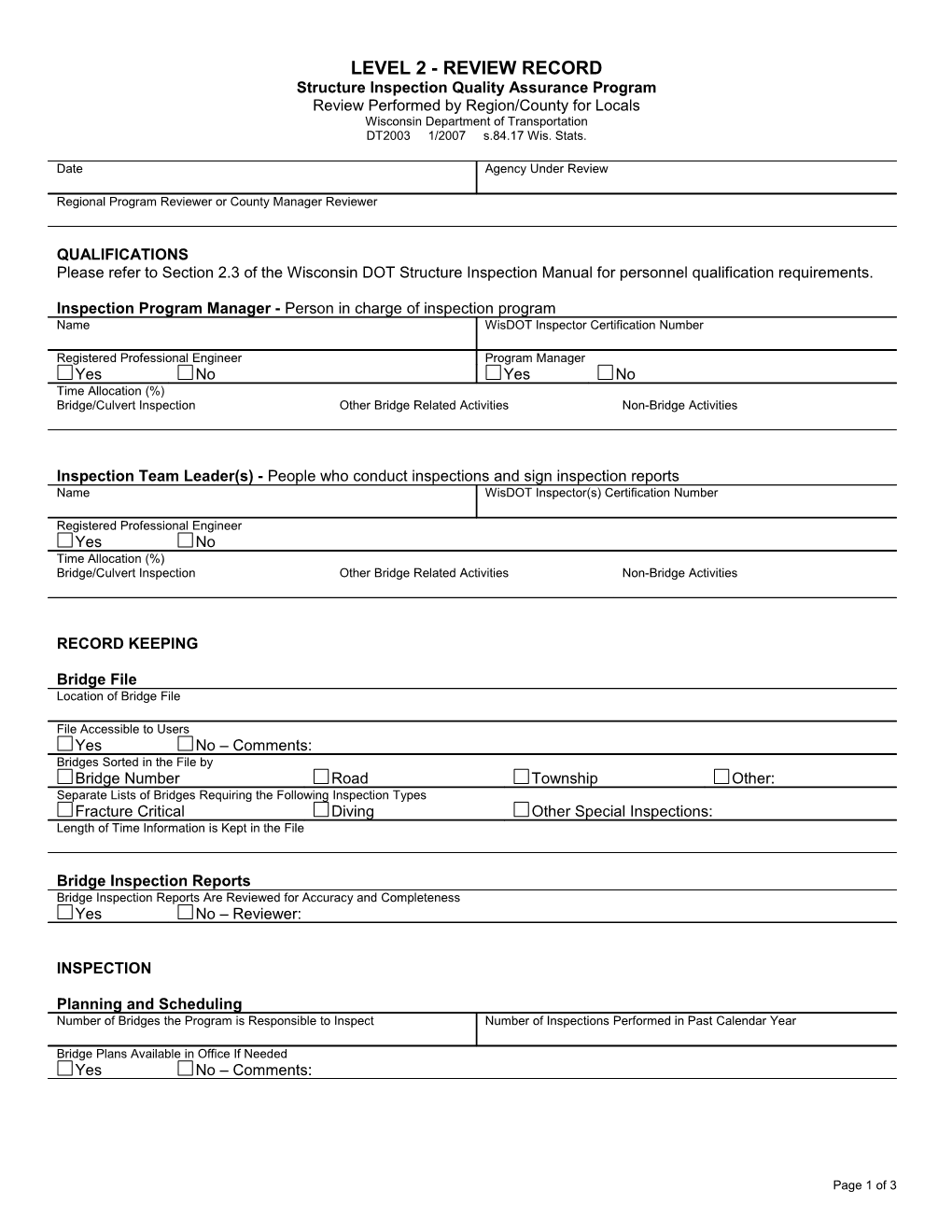 DT2003 Level 2 Review Structure Inspection Quality Assurance Program Record