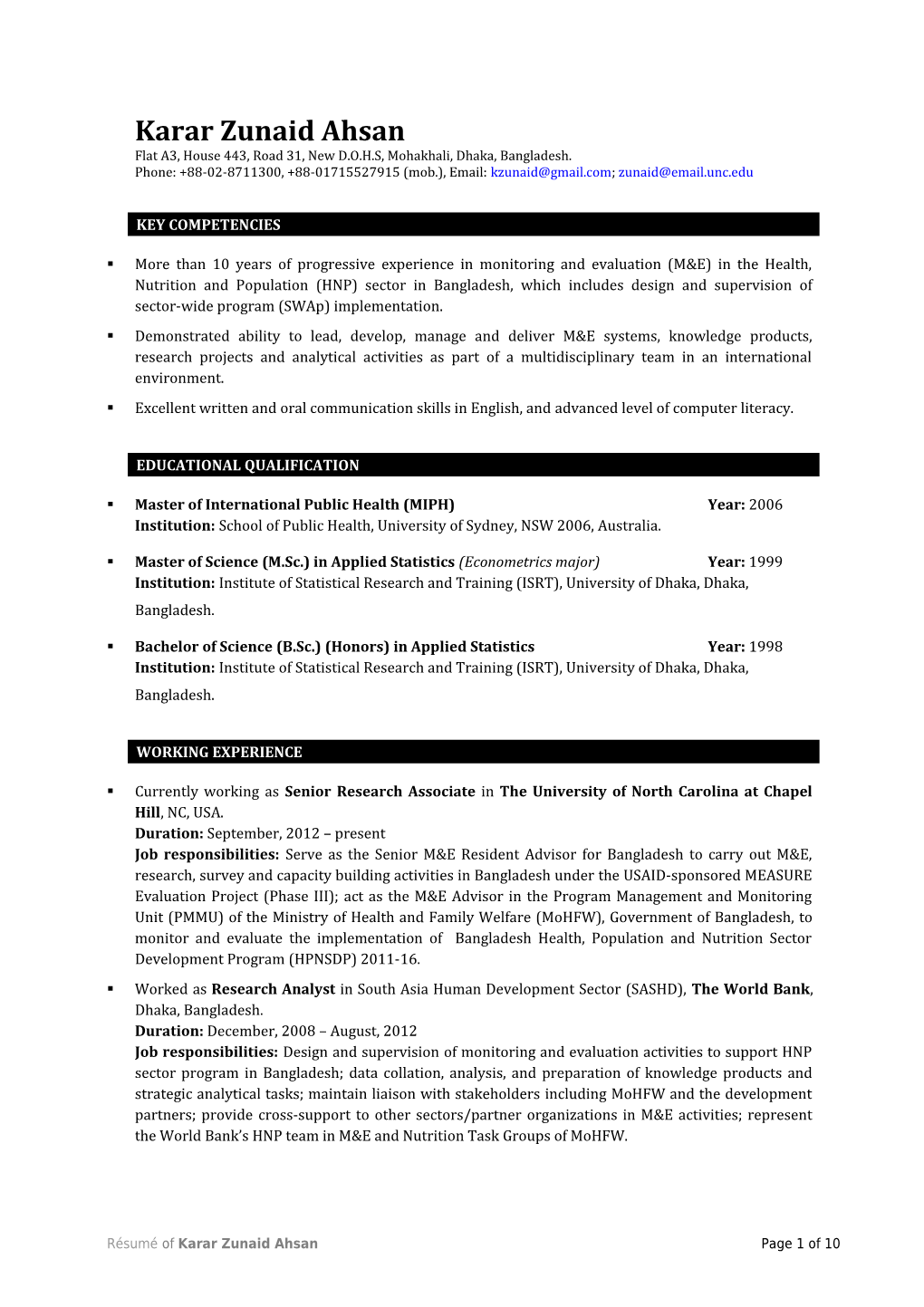 Résumé of Karar Zunaid Ahsan Page 1 of 10