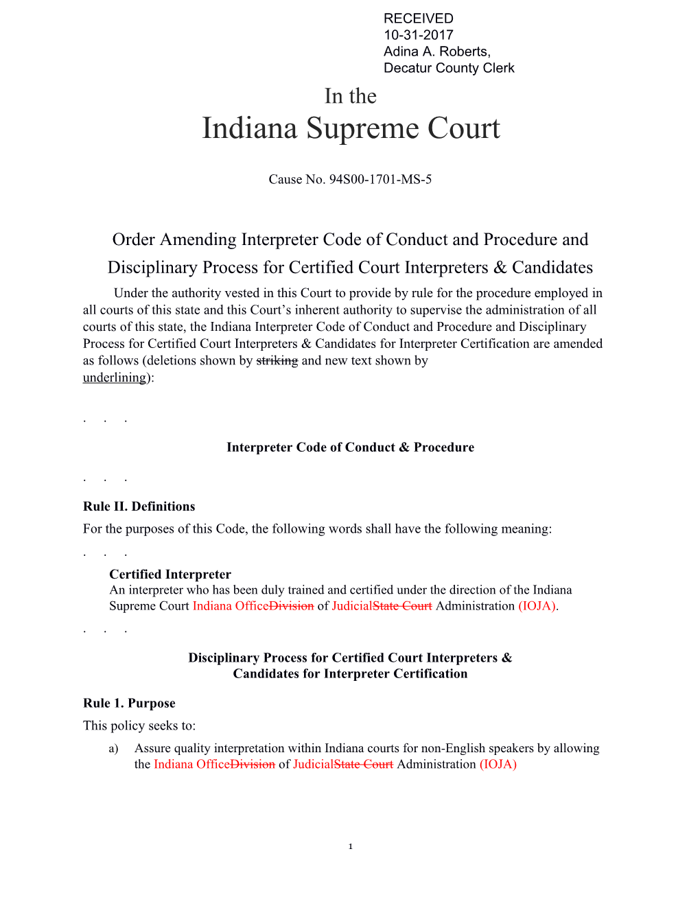 Order Amending Interpreter Code of Conduct and Procedure And