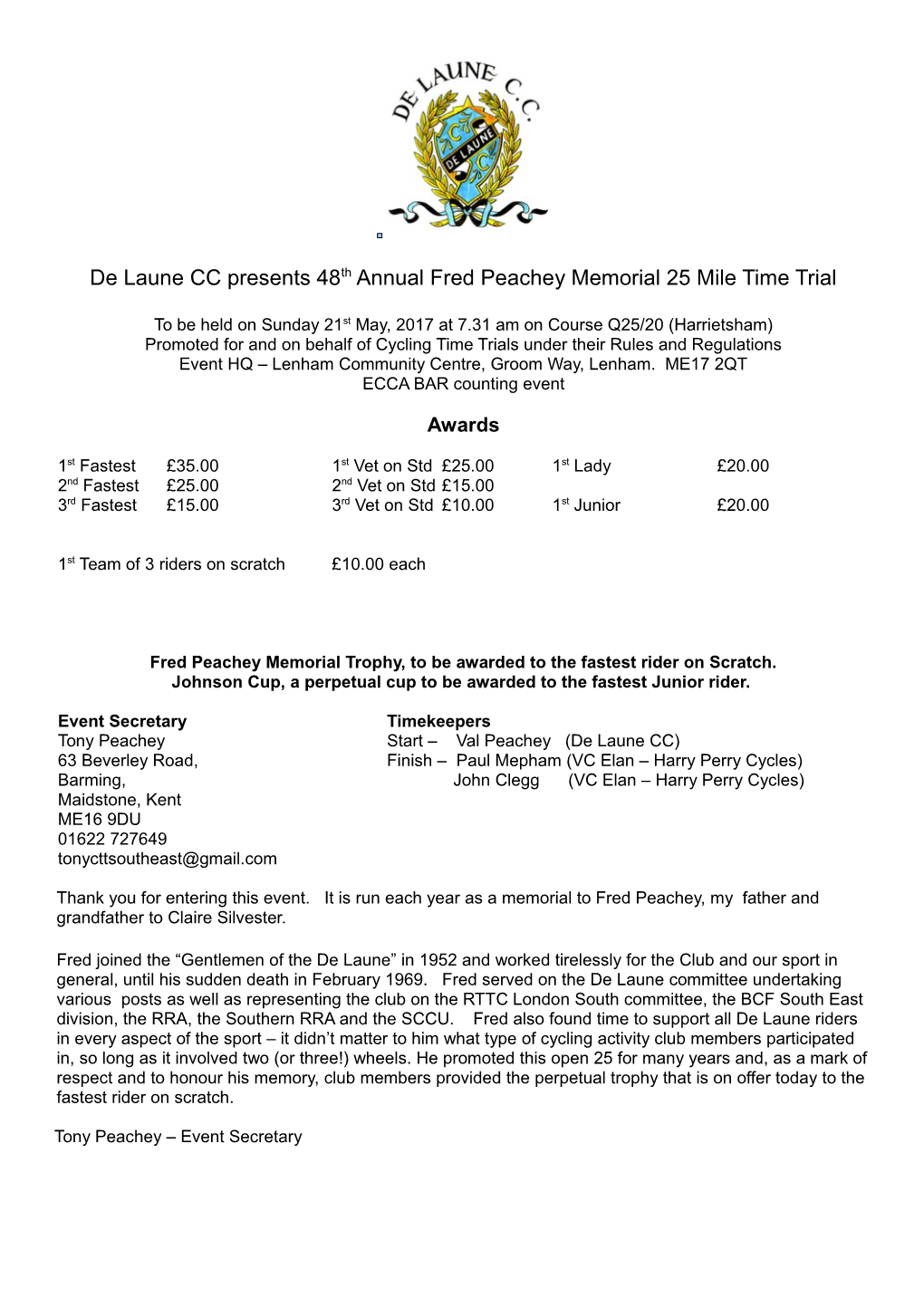 De Laune CC Presents 48Th Annual Fred Peachey Memorial 25 Mile Time Trial