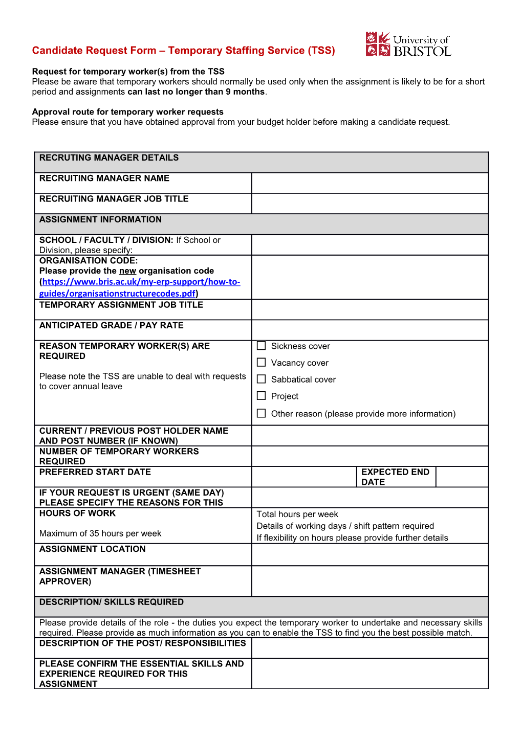 Candidate Request Form Temporary Staffing Service (TSS)