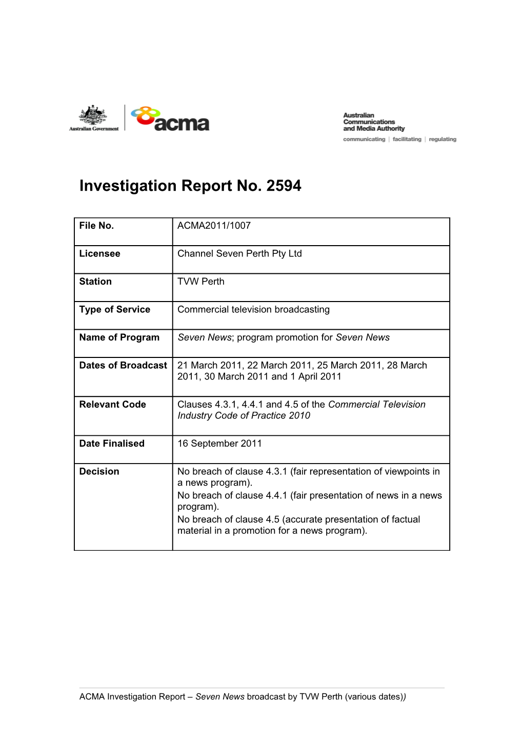 TVW Perth - ACMA Investigation Report 2594