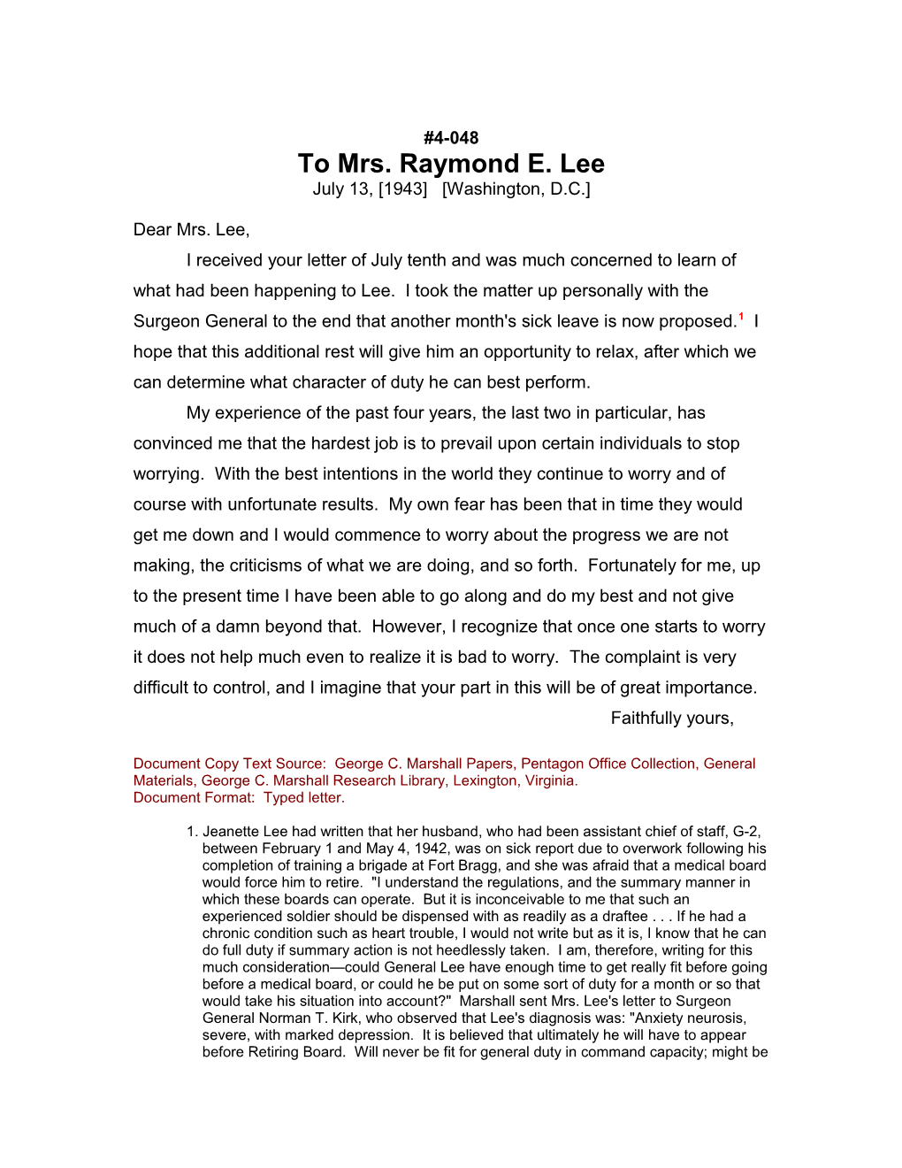 To Mrs. Raymond E. Lee