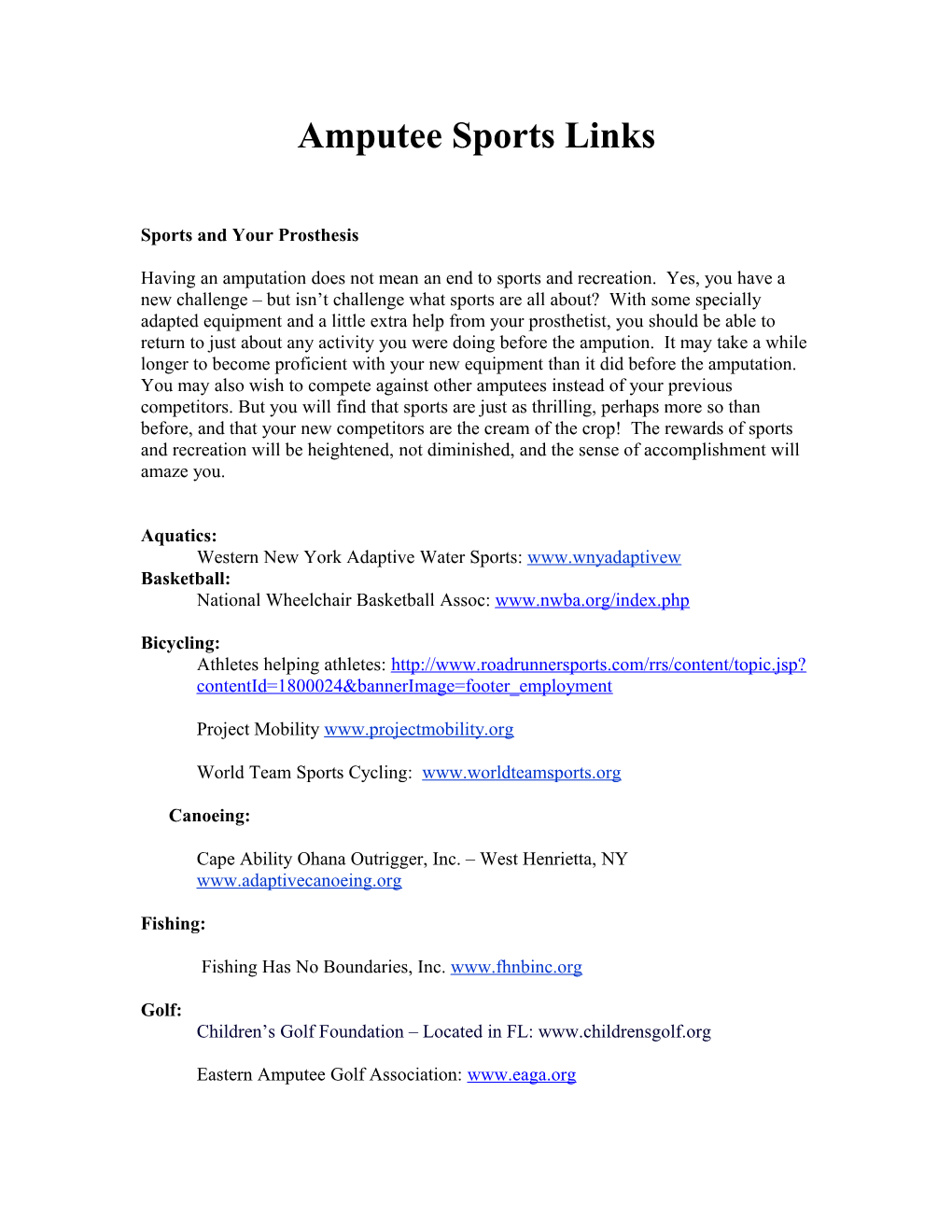 Amputee Sports Links