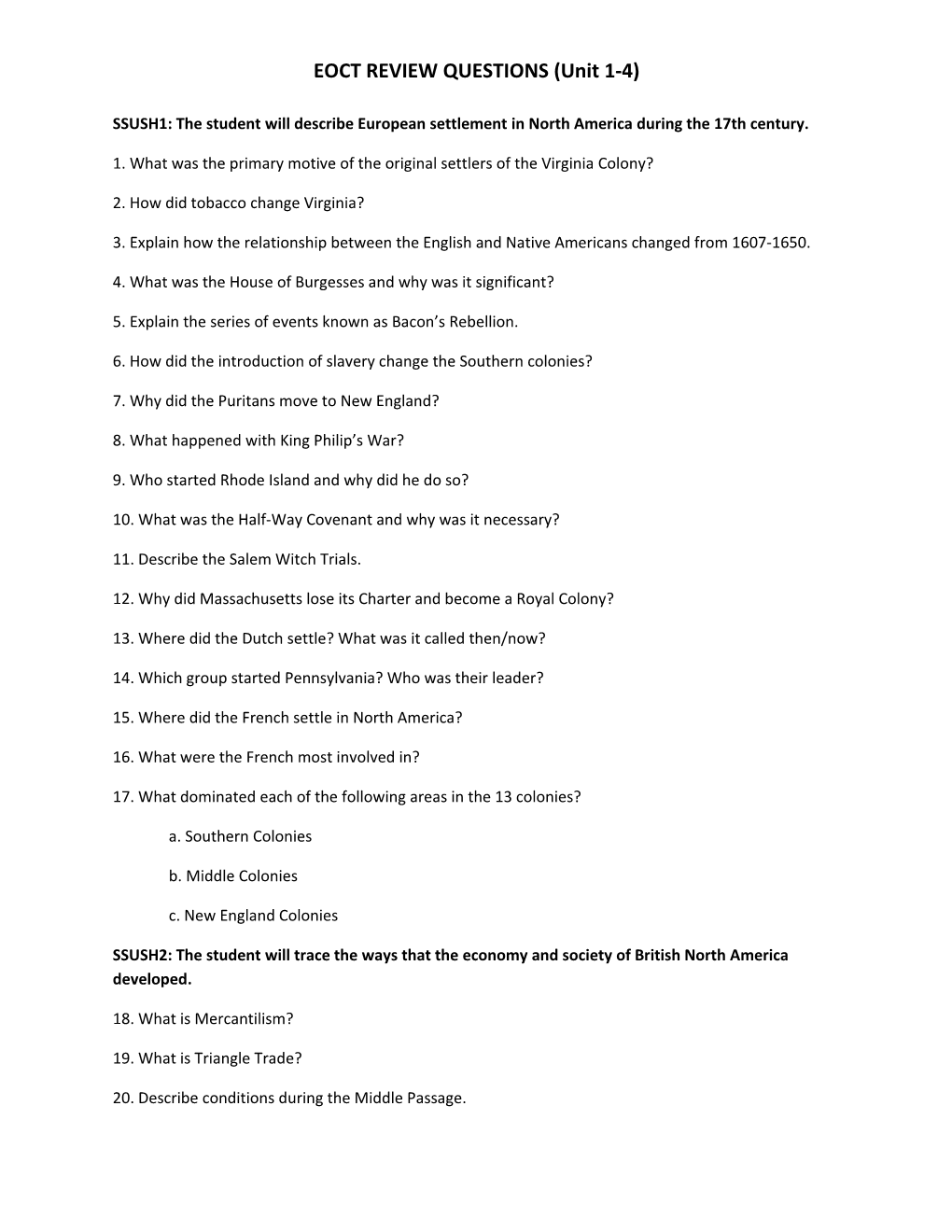 EOCT REVIEW QUESTIONS (Unit 1-4)