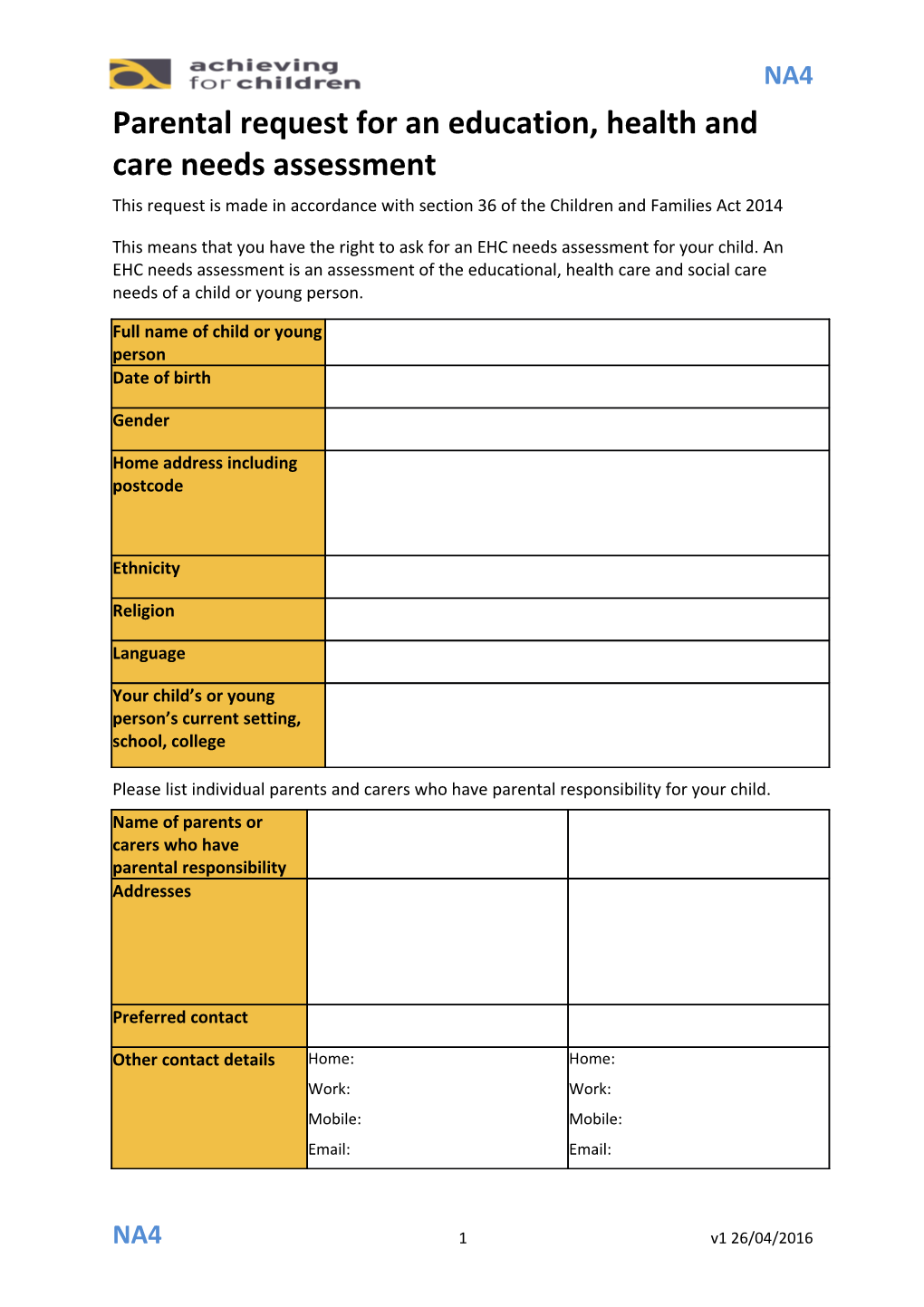 Parental Request for an Education, Health and Care Needs Assessment