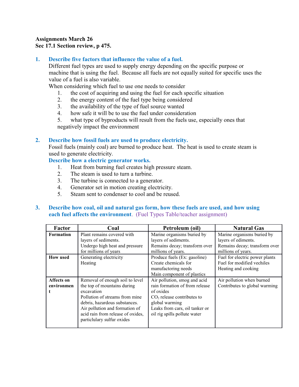 1.Describe Five Factors That Influence the Value of a Fuel