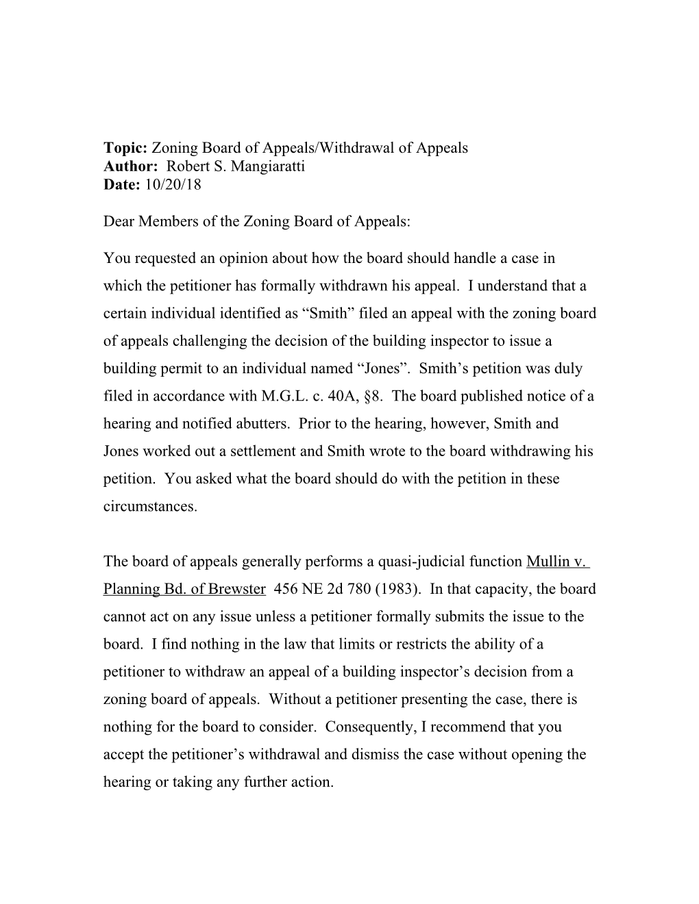 Topic: Zoning Board of Appeals/Withdrawal of Appeals