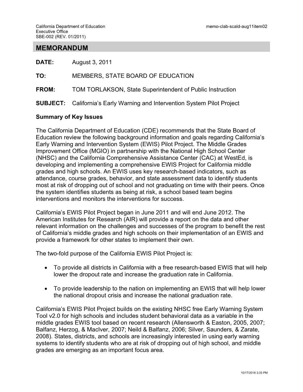 August 2011 Memorandum SCALD Item 2 - Information Memorandum (CA State Board of Education)