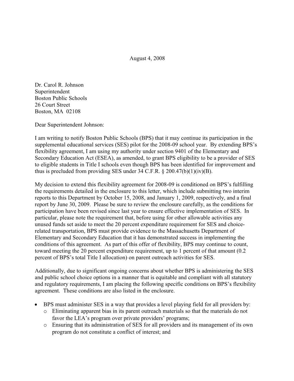 Letter Confirming Boston Public Schools to Continue Its Participation in Providing SES