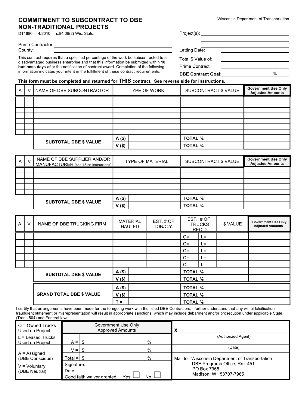 DT1880 Commitment to Subcontract to DBE Non-Traditional Projects