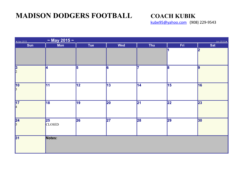 Madison Dodgers Football Coach Kubik (908) 229-9543