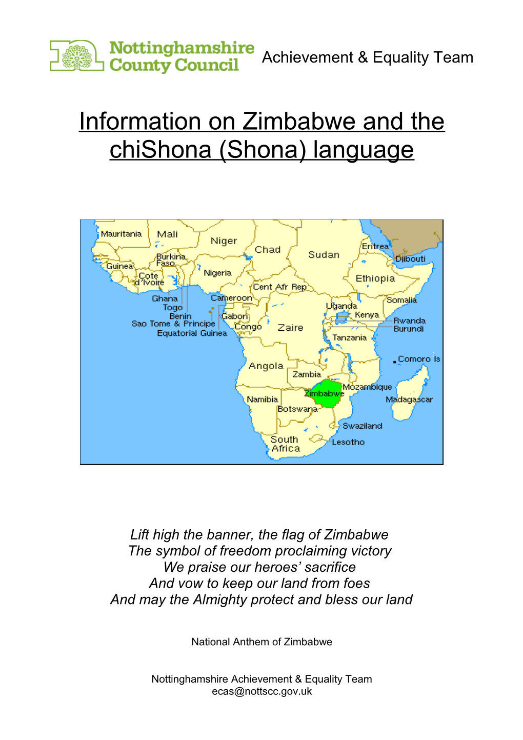 Information on Zimbabwe and the Chishona (Shona) Language