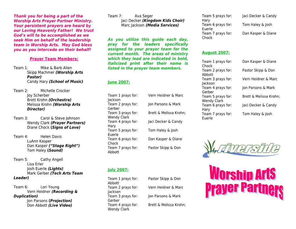 Thank You for Being a Part of the Worship Arts Prayer Partner Ministry