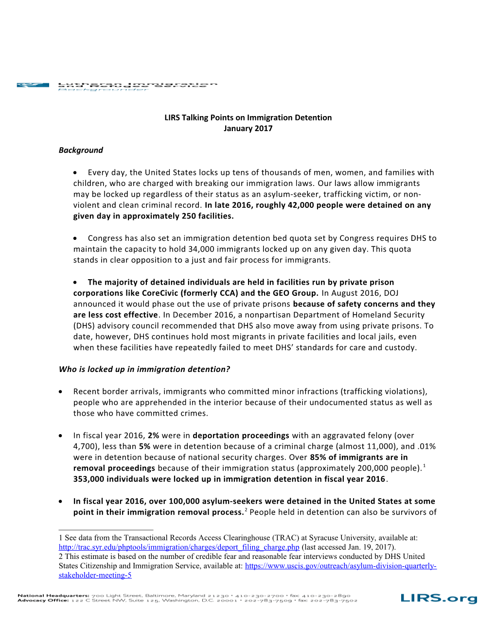 LIRS Talking Points on Immigration Detention