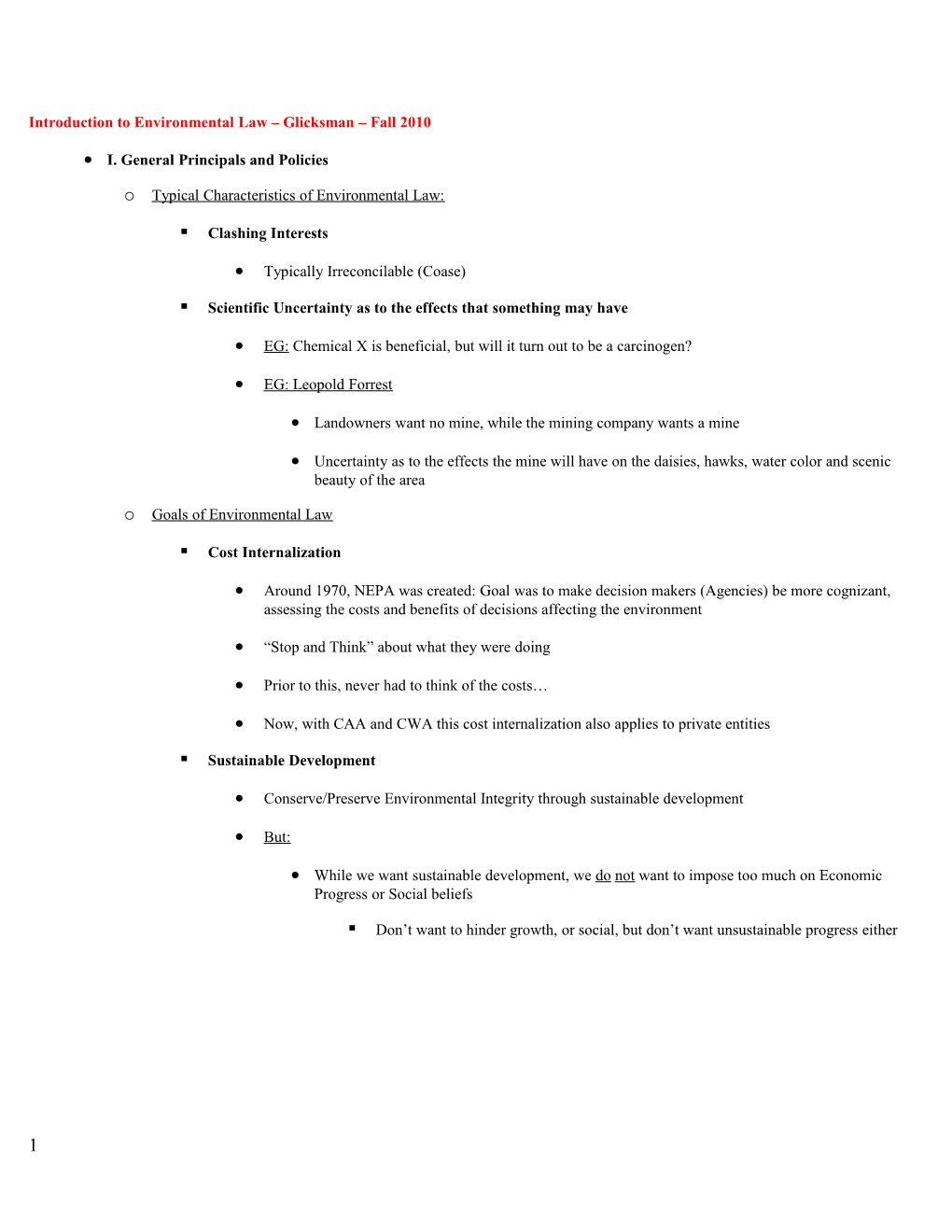 Introduction to Environmental Law Glicksman Fall 2010