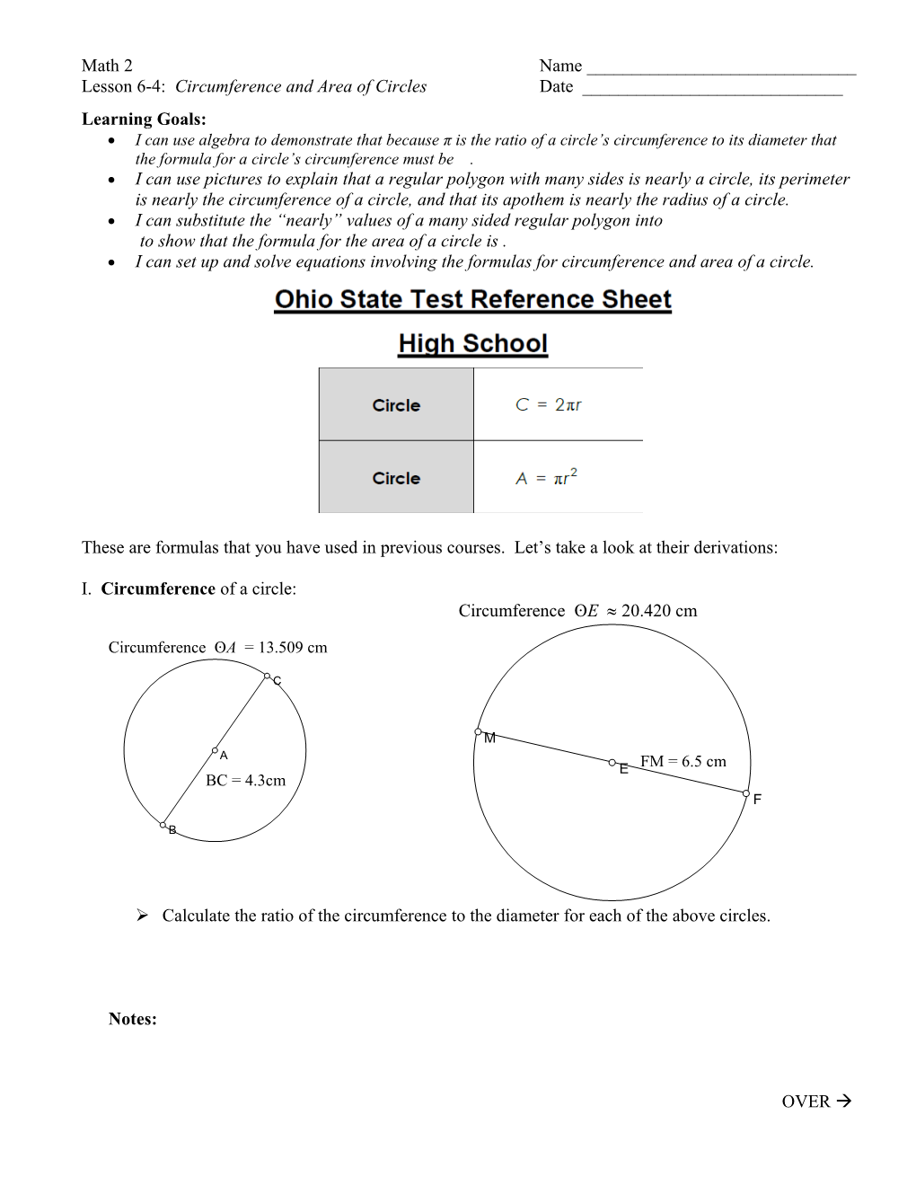 Lesson 6-4: Circumference and Area of Circlesdate ______