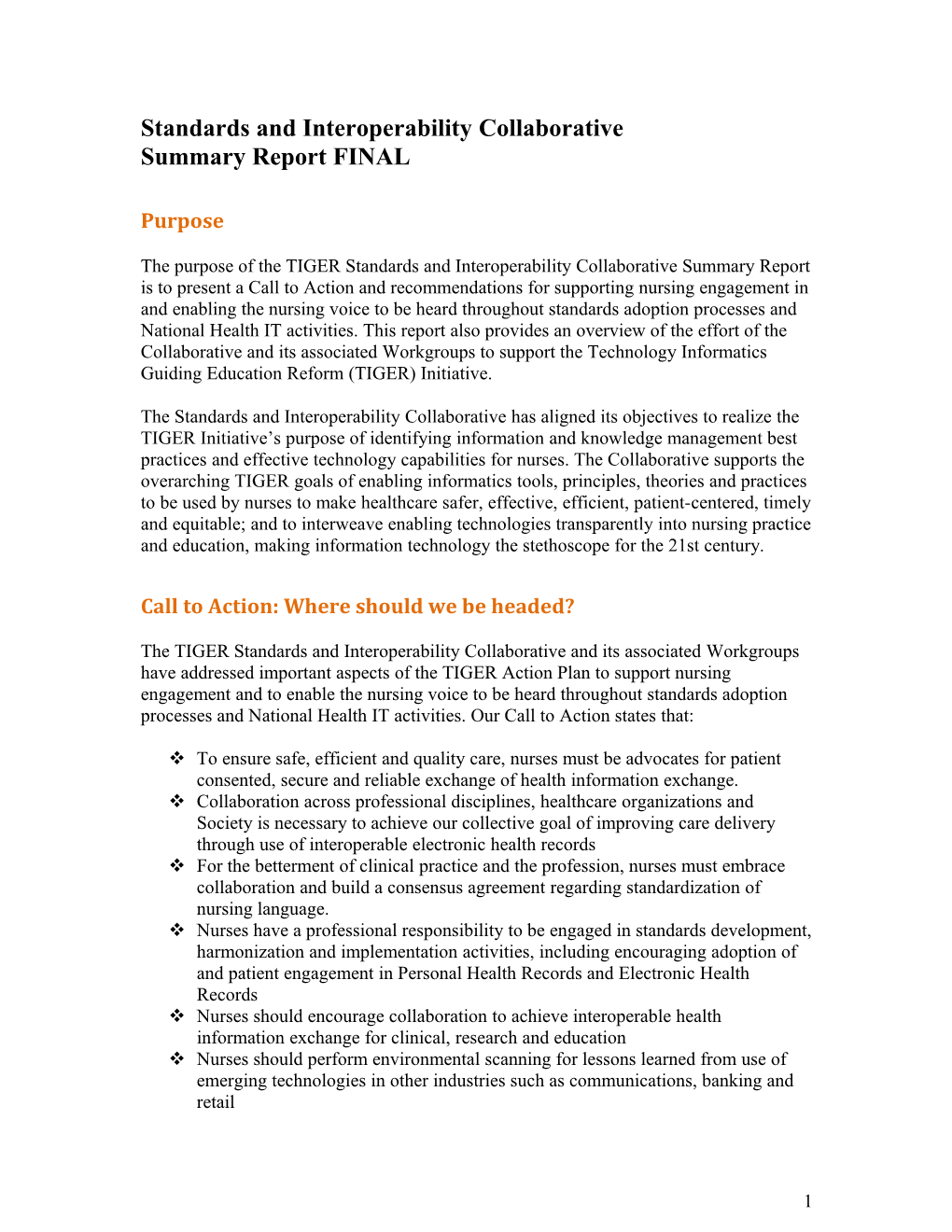 TIGER Standards and Interoperability Collaborative Summary Report Draft