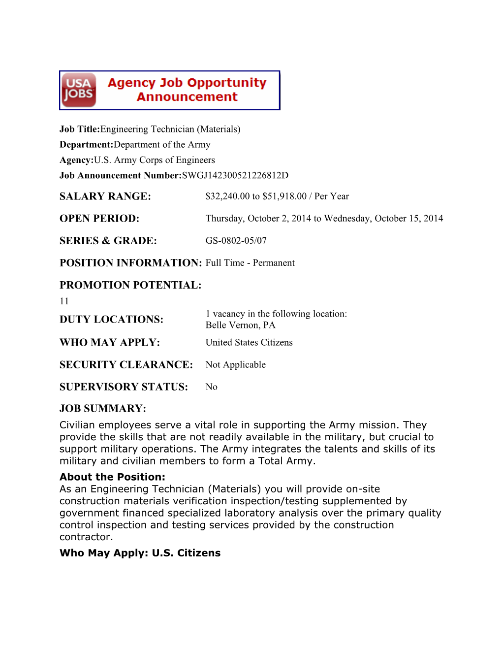 Job Title:Engineering Technician (Materials)