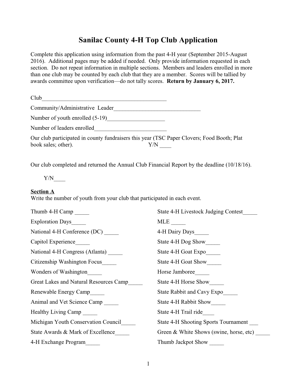 Cass County Honor Club Application