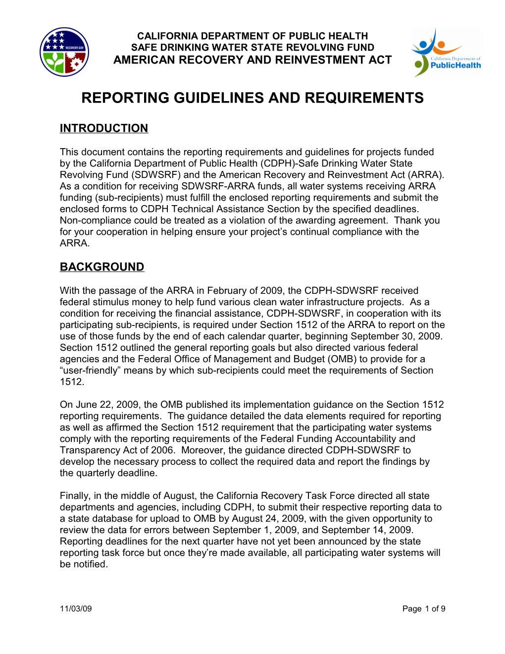 ARRA Project Reporting Guidelines and Requirements 11-03-09