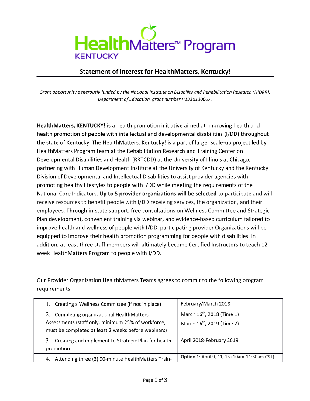 Statement of Interest for Healthmatters, Kentucky!