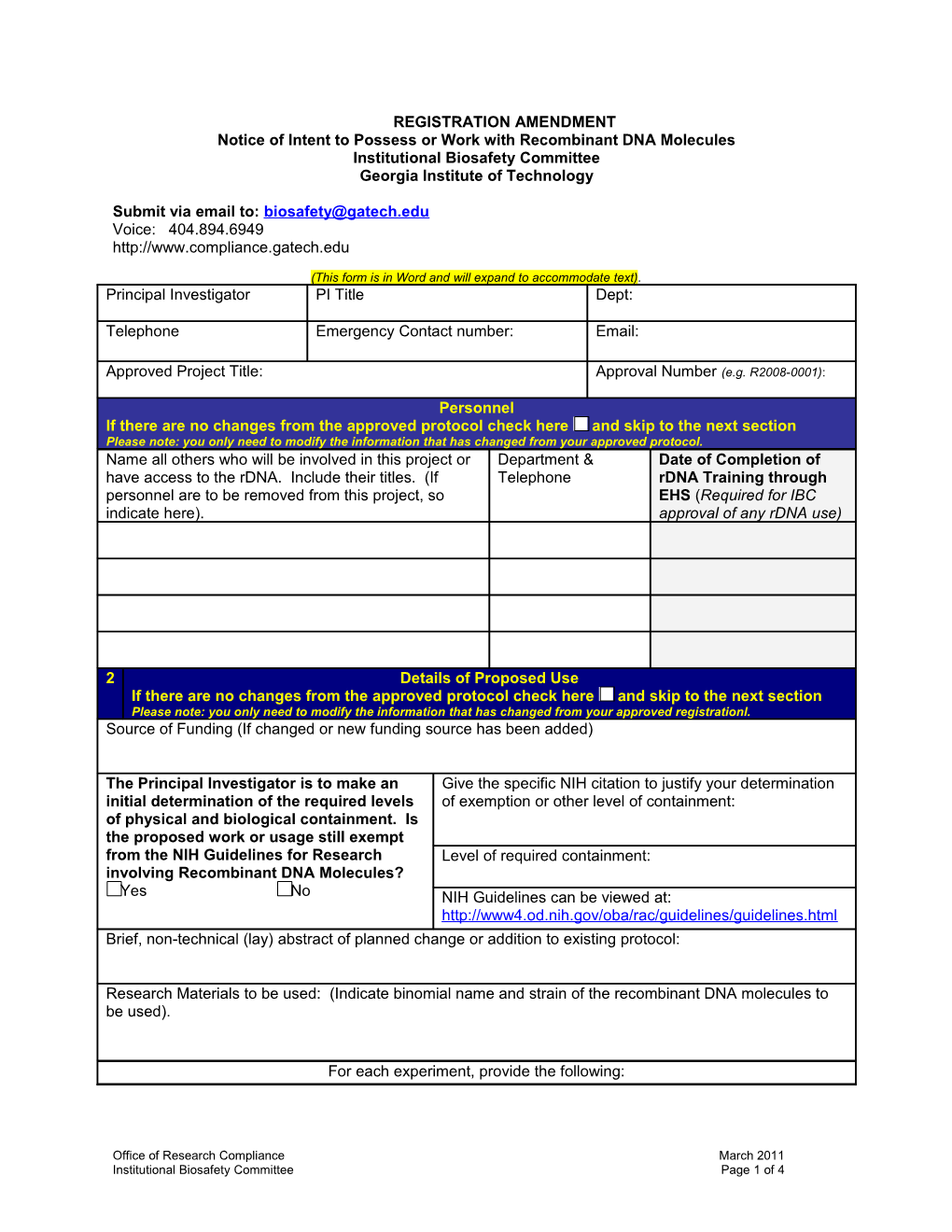 Notice of Intent to Possess Or Workwith Recombinant DNA Molecules