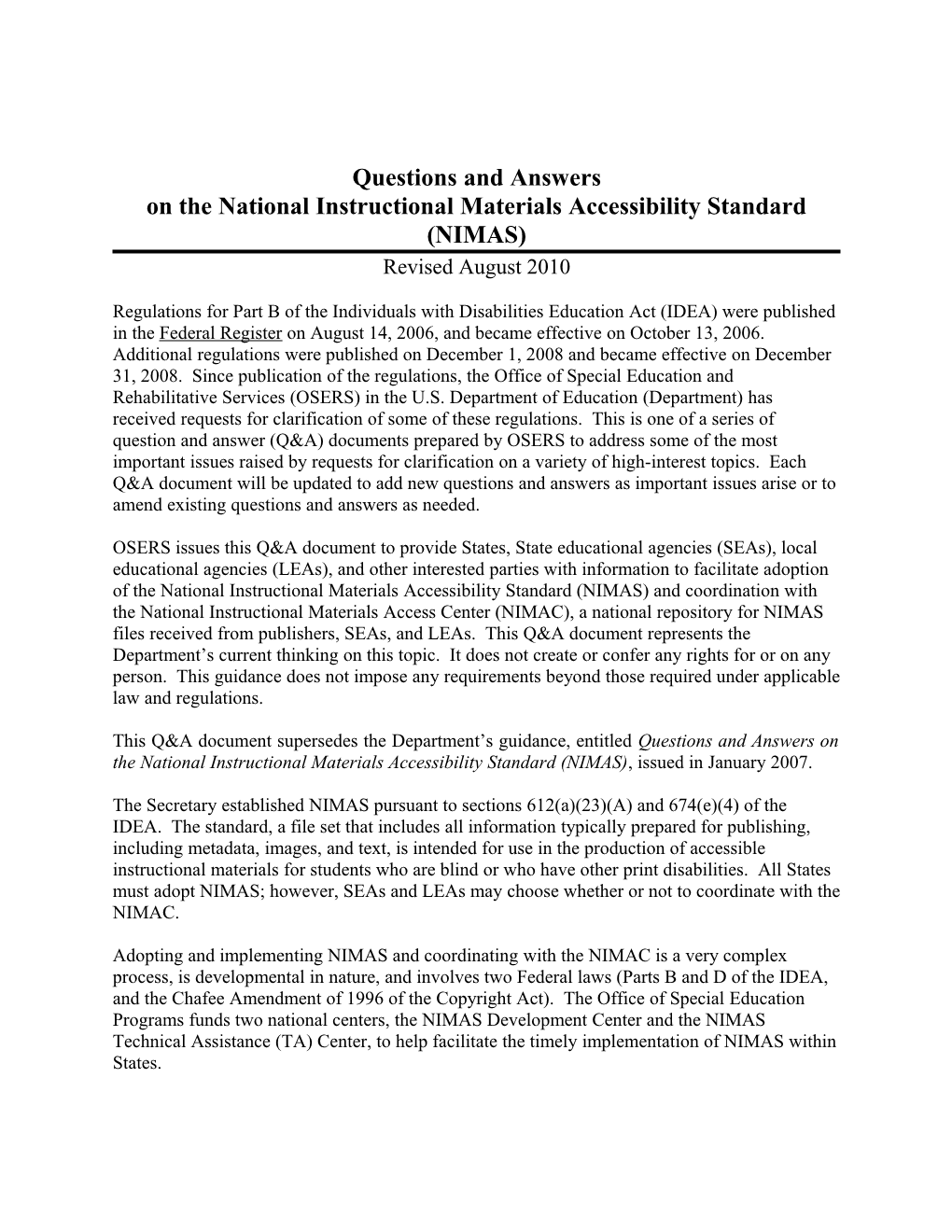 Questions and Answers on the National Instructional Materials Accessibility Standards