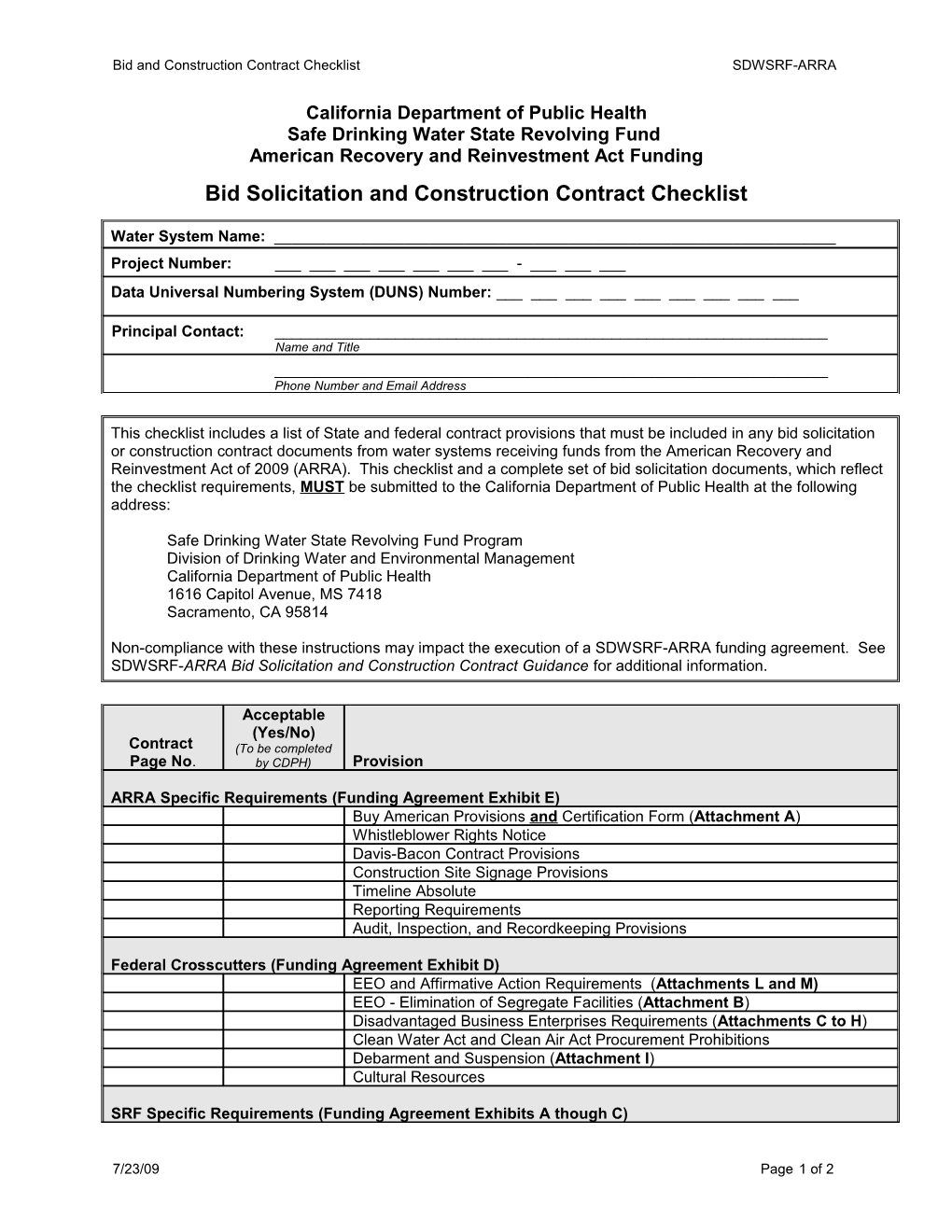 ARRA DWSRF Bid Document Checklist