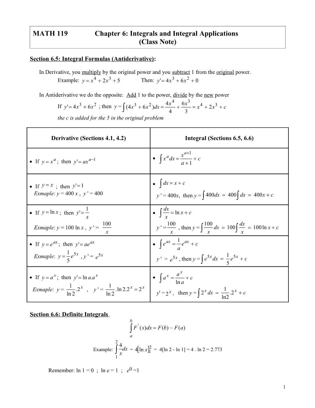 MATH 119 Chapter 6: Integrals and Integral Applications