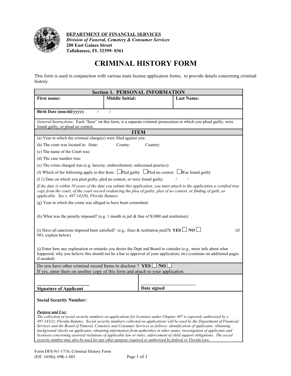 Criminal History Form