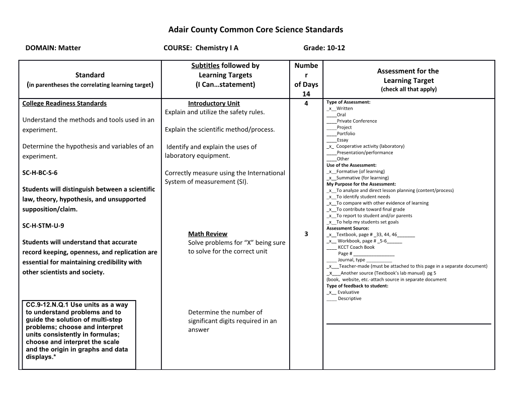 Adair County Common Core Science Standards