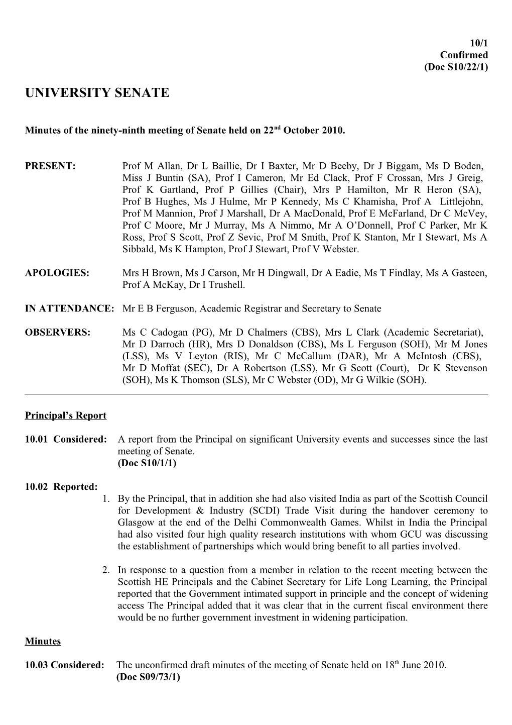 Minutes of the Ninety-Ninthmeeting of Senate Held On22nd October 2010